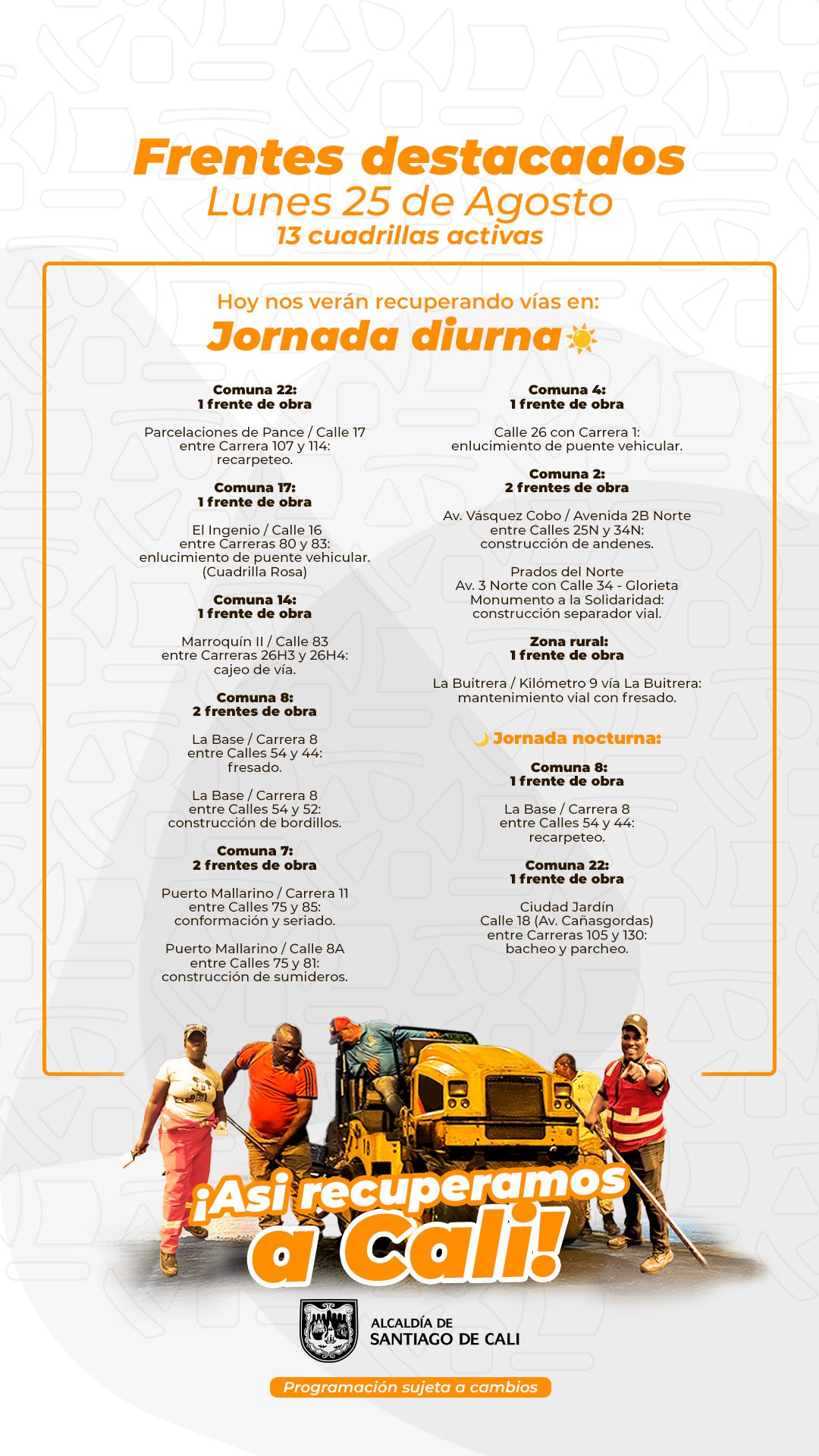 Programación Lunes 25 de Agosto 2025 - Secretaría de Infraestructura - Alcaldía de Santiago de Cali - Infraestructura Para Todos