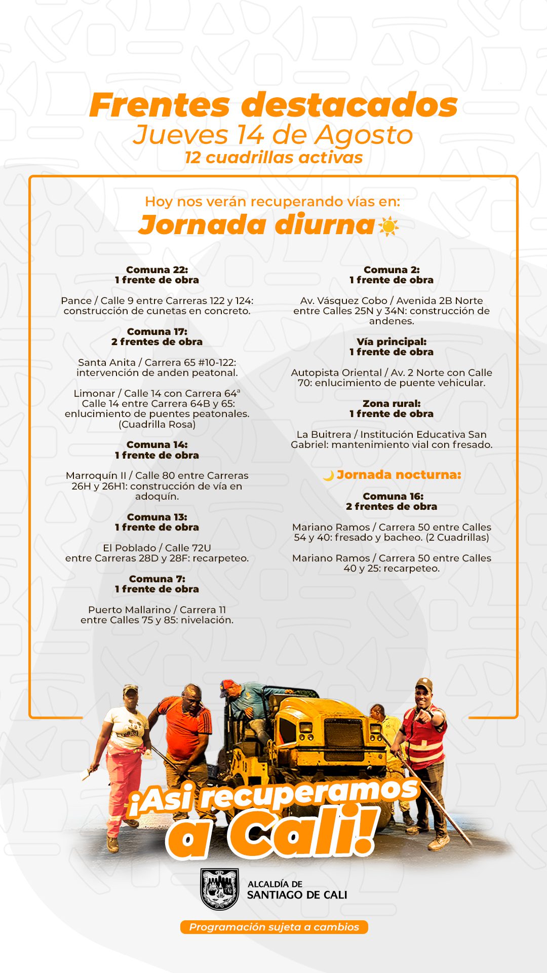 Programación jueve 14 de agosto 2025 - Secretaría de Infraestructura - Alcaldía de Santiago de Cali - Infraestructura para Todos