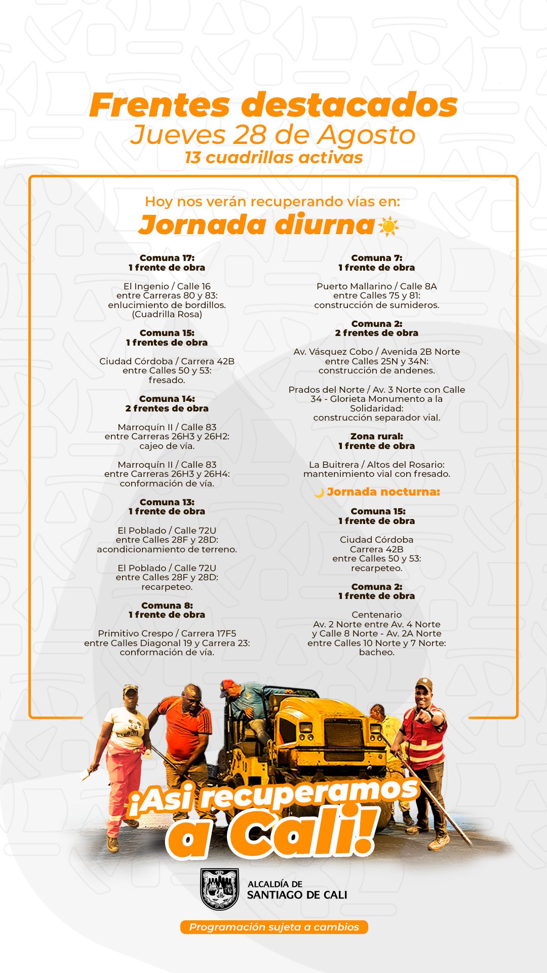 Programación jueves 28 de agosto 2025 - Secretaría de Infraestructura - Alcaldía de Santiago de Cali - Infraestructura para Todos