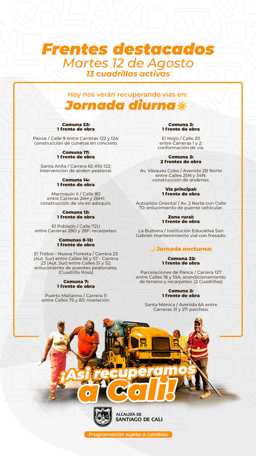 Programación martes 12 de agosto 2025 - Secretaría de Infraestructura - Alcaldía de Santiago de Cali - Infraestructura para Todos