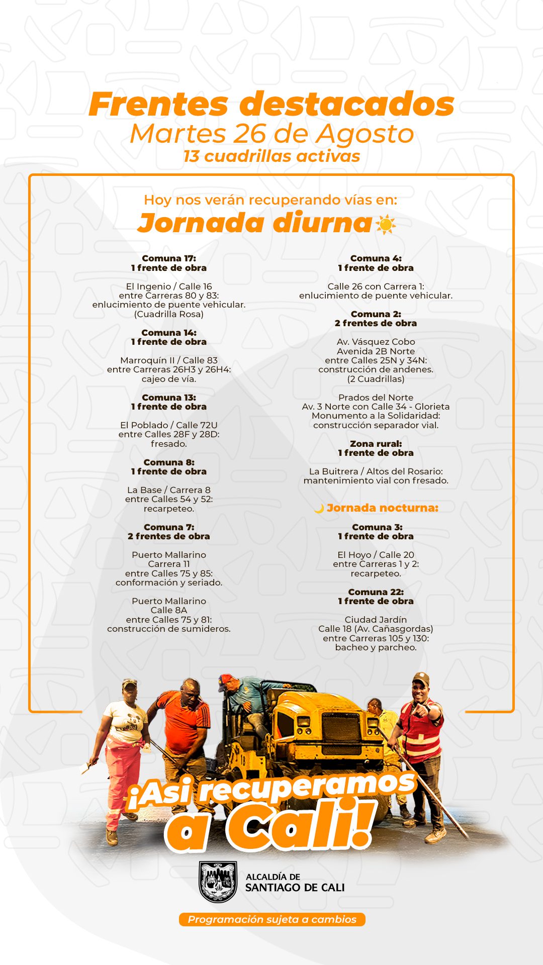 Programación martes 26 de agosto 2025 - Secretaría de Infraestructura - Alcaldía de Santiago de Cali - Infraestructura para Todos