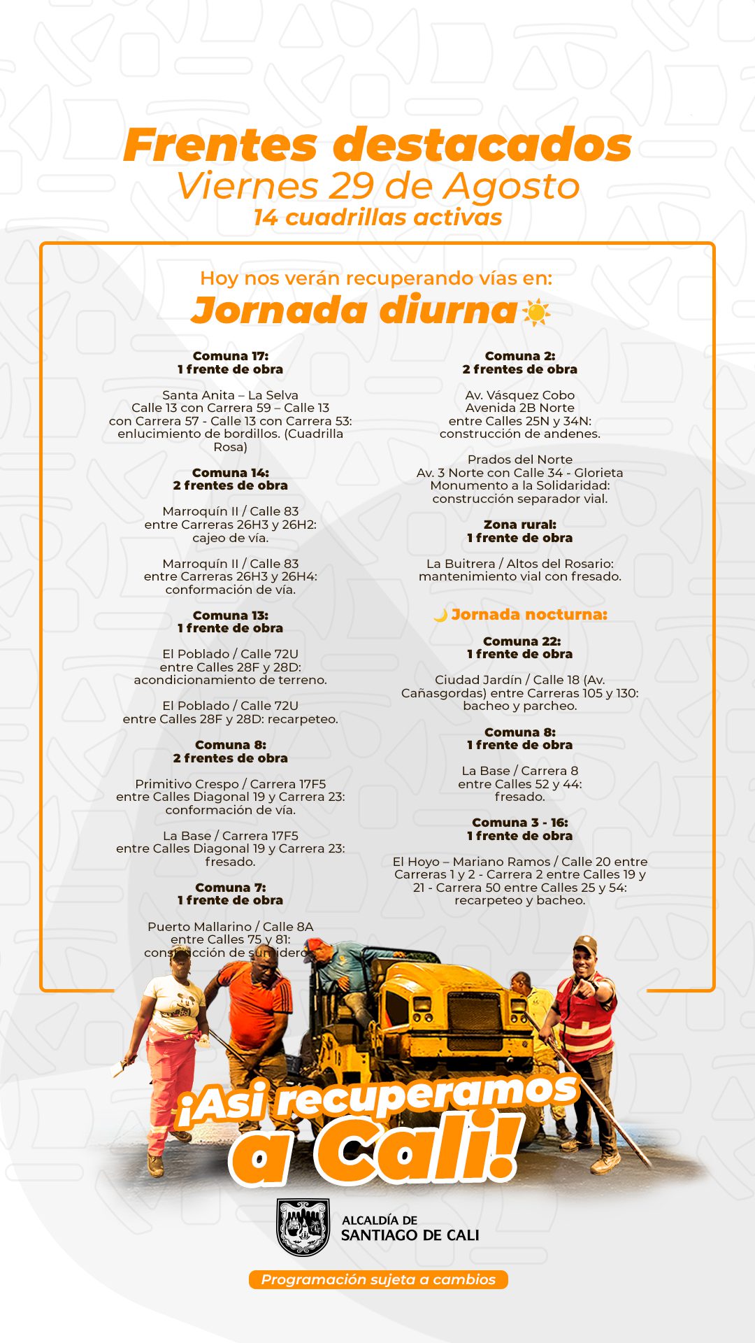 Programación viernes 29 de agosto 2025 - Secretaría de Infraestructura - Alcaldía de Santiago de Cali - Infraesrtuctura para Todos
