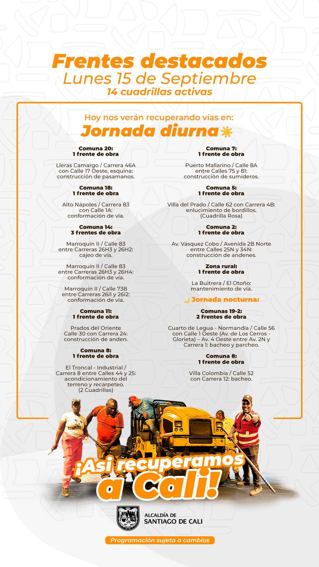 Programación lunes 15 de septiembre 2025 - Secretaría de Infraestructura - Alcaldía de Santiago de Cali - Infraestructura Para Todos