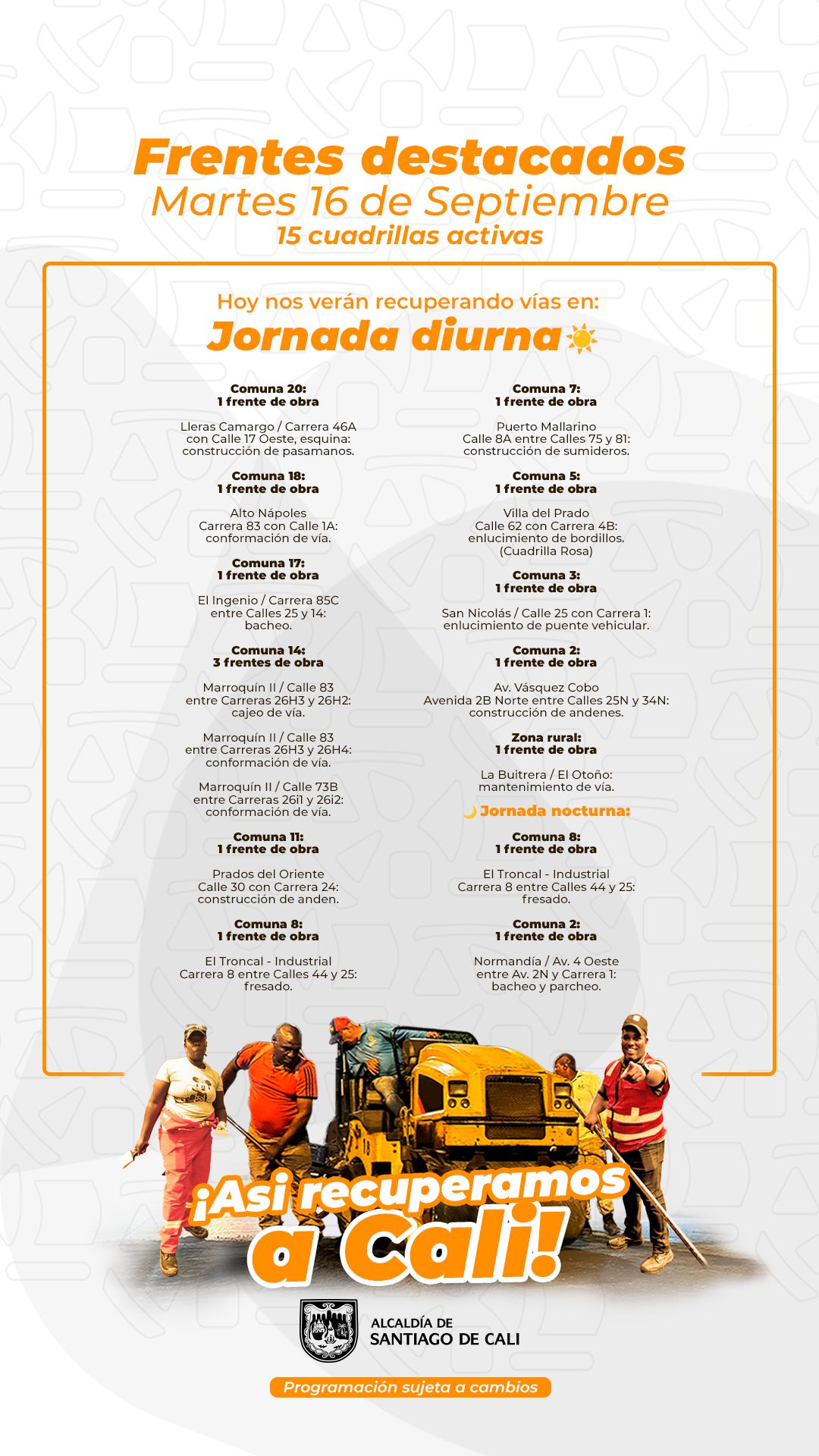 Programación martes 16 de septiembre 2025 - Secretaría de Infraestructura - Alcaldía de Santiago de Cali - Infraestructura Para Todos