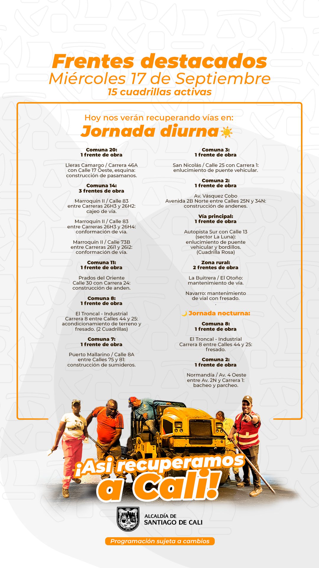 Programación miércoles 17 de septiembre 2025 - Secretaría de Infraestructura - Alcaldía de Santiago de Cali - Infraestructura Para Todos