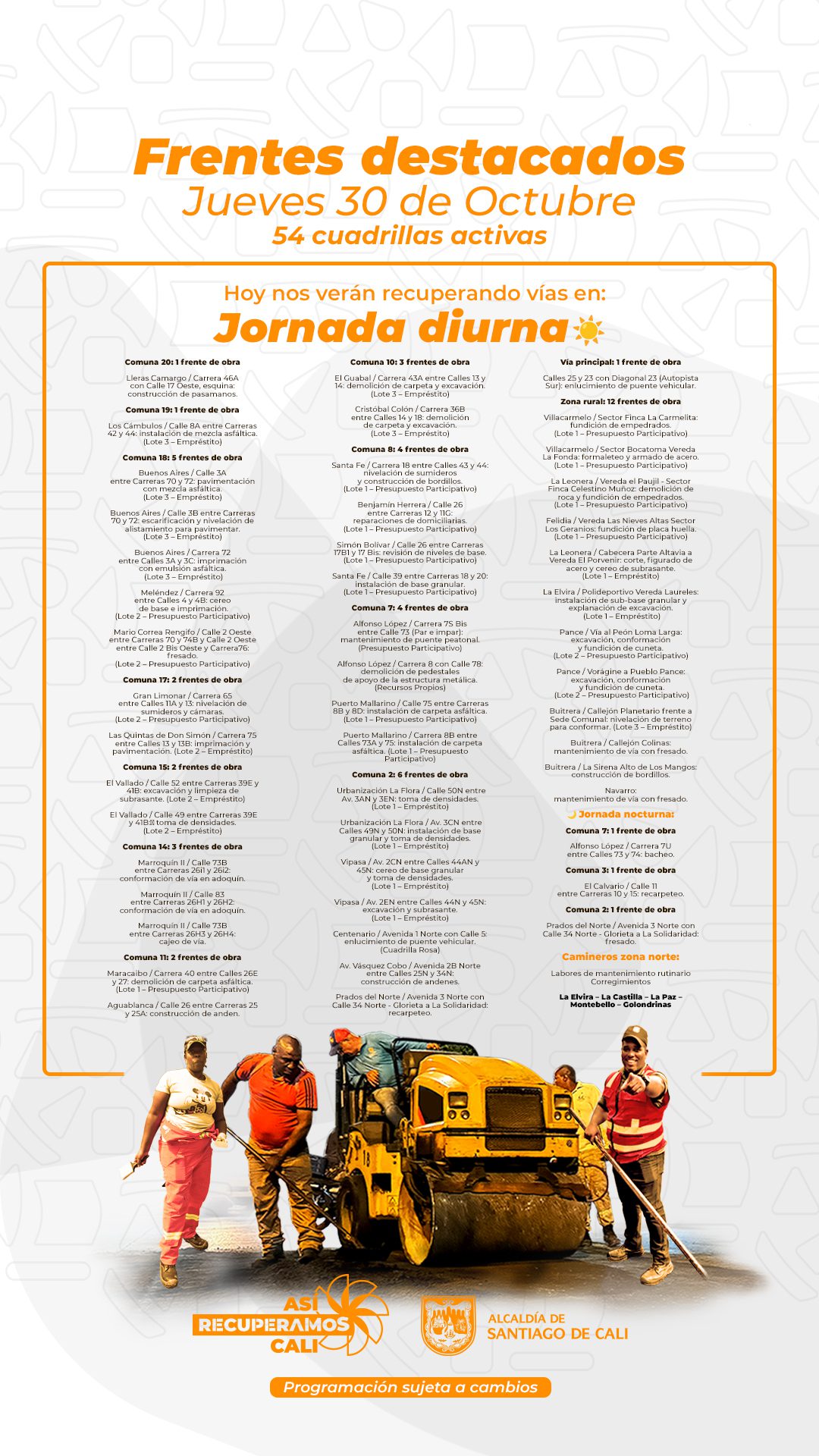 Programación jueves 30 de octubre 2025 - Secretaría de Infraestructura - Alcaldía de Santiago de Cali - Infraestructura para Todos Programación jueves 30 de octubre 2025 - Secretaría de Infraestructura - Alcaldía de Santiago de Cali - Infraestructura para Todos