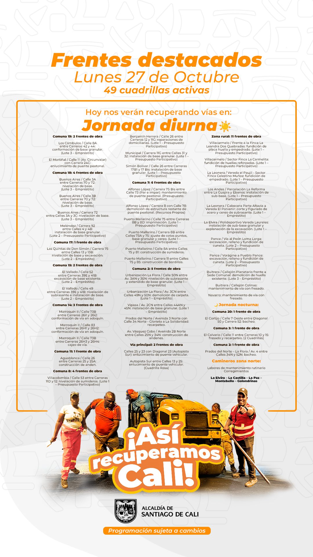 Programación lunes 27 de octubre 2025 - Secretaría de Infraestructura - Alcaldía de Santiago de Cali - Infraestructura Para Todos Programación lunes 27 de octubre 2025 - Secretaría de Infraestructura - Alcaldía de Santiago de Cali - Infraestructura Para Todos