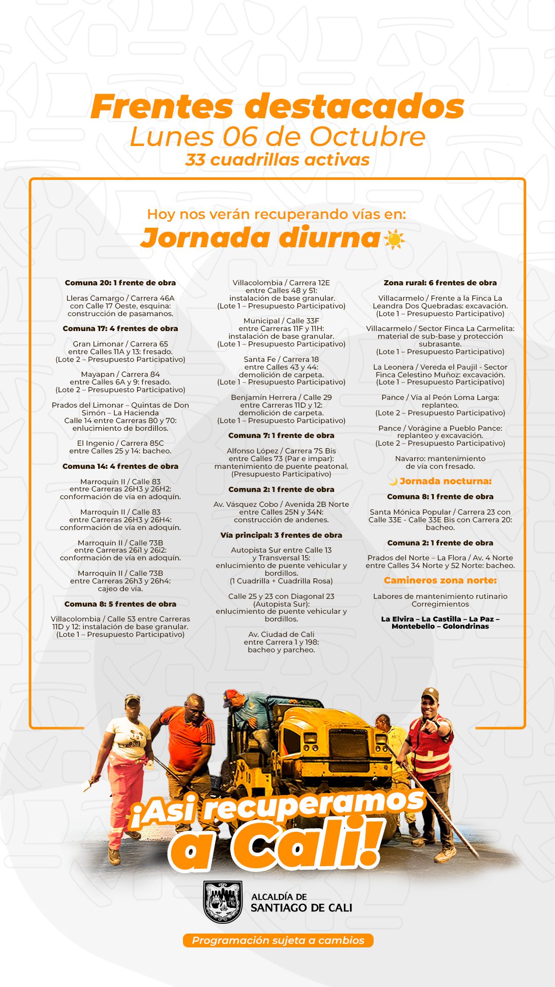 Programación lunes 6 de octubre 2025 - Secretaría de Infraestructura - Alcaldía de Santiago de Cali - Infraestructura Para Todos