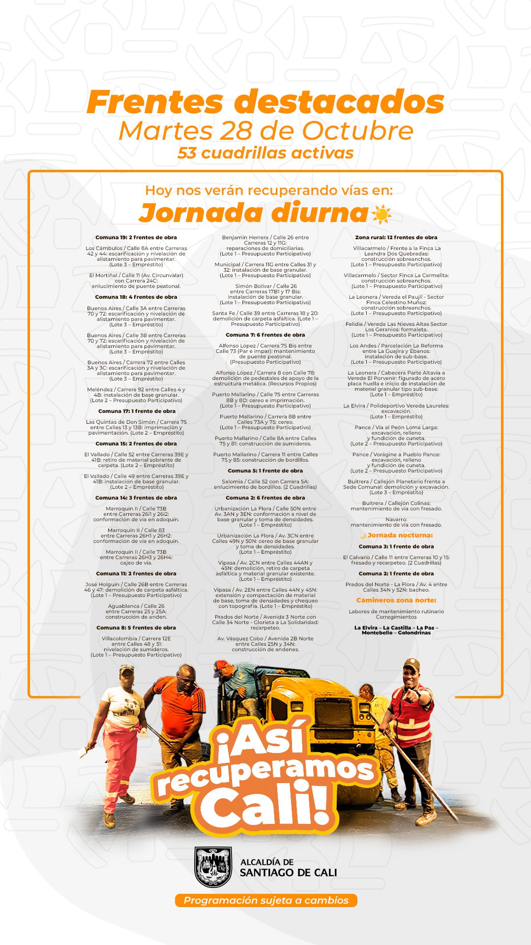 Programación martes 28 de octubre 2025 - Secretaría de Infraestructura - Alcaldía de Santiago de Cali - Infraestructura Para Todos Programación martes 28 de octubre 2025 - Secretaría de Infraestructura - Alcaldía de Santiago de Cali - Infraestructura Para Todos
