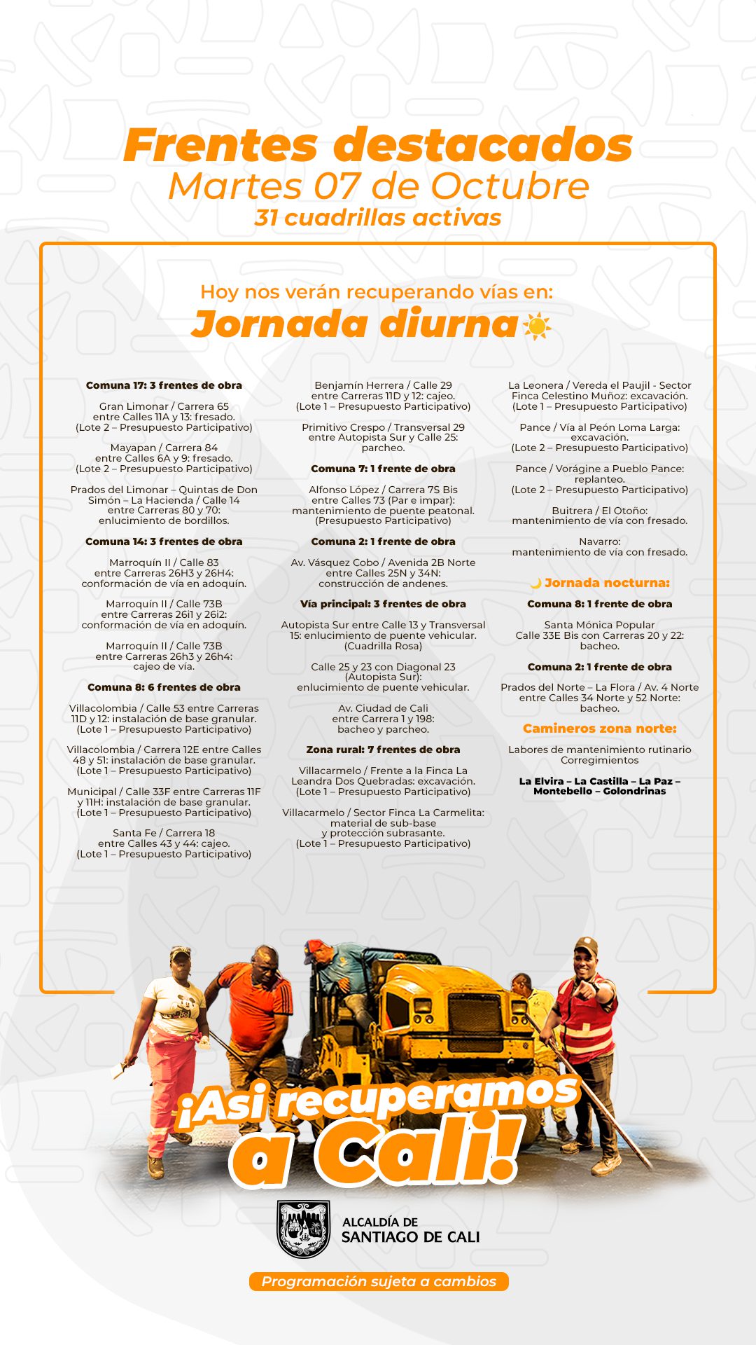 Programación martes 7 de octubre 2025 - Secretaría de Infraestructura - Alcaldía de Santiago de Cali - Infraestructura Para Todos