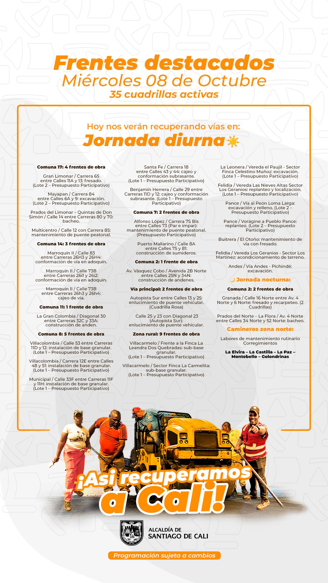 Programación miércoles 8 de octubre 2025 - Secretaría de Infraestructura - Alcaldía de Santiago de Cali - Infreaestructura Para Todos