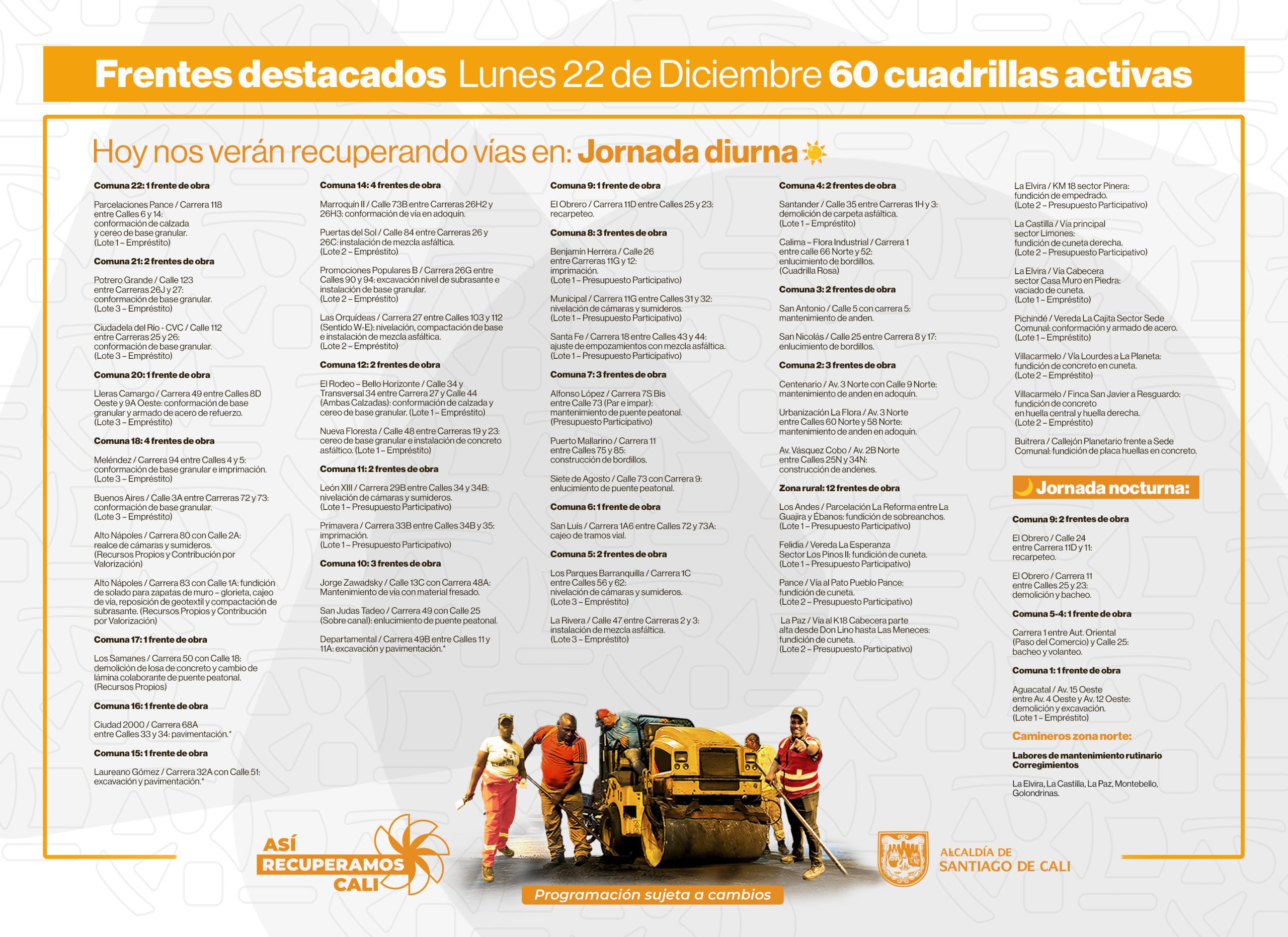 Programación lunes 22 de diciembre 2025 - Secretaría de Infraestructura - Alcaldía de Santiago de Cali - Infraestructura Para Todos Programación lunes 22 de diciembre 2025 - Secretaría de Infraestructura - Alcaldía de Santiago de Cali - Infraestructura Para Todos