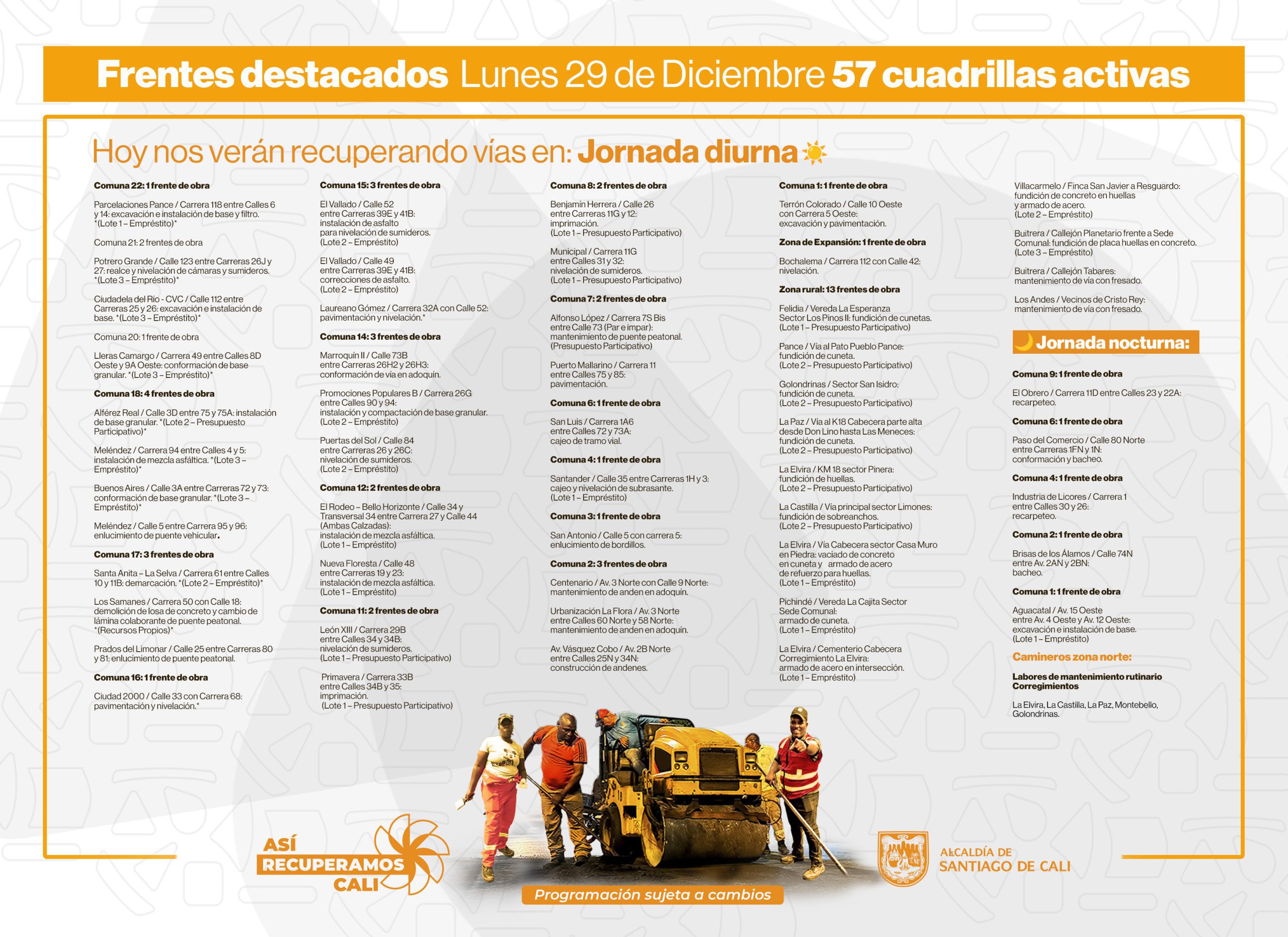 Programación lunes 29 de diciembre 2025 - Secretaría de Infraestructura - Alcaldía de Santiago de Cali - Infraestructura Para Todos