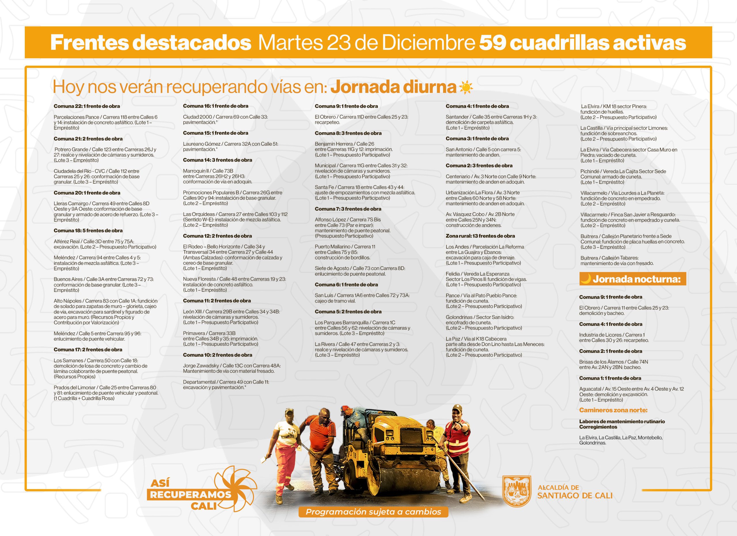 Programación martes 23 de dicimebre 2025 - Secretaría de Infraesrtructura - Alcaldía de Santiago de Cali - Infraestructura Para Todos Programación martes 23 de diciembre 2025 - Secretaría de Infraestructura - Alcaldía de Santiago de Cali - Infraestructura Para Todos