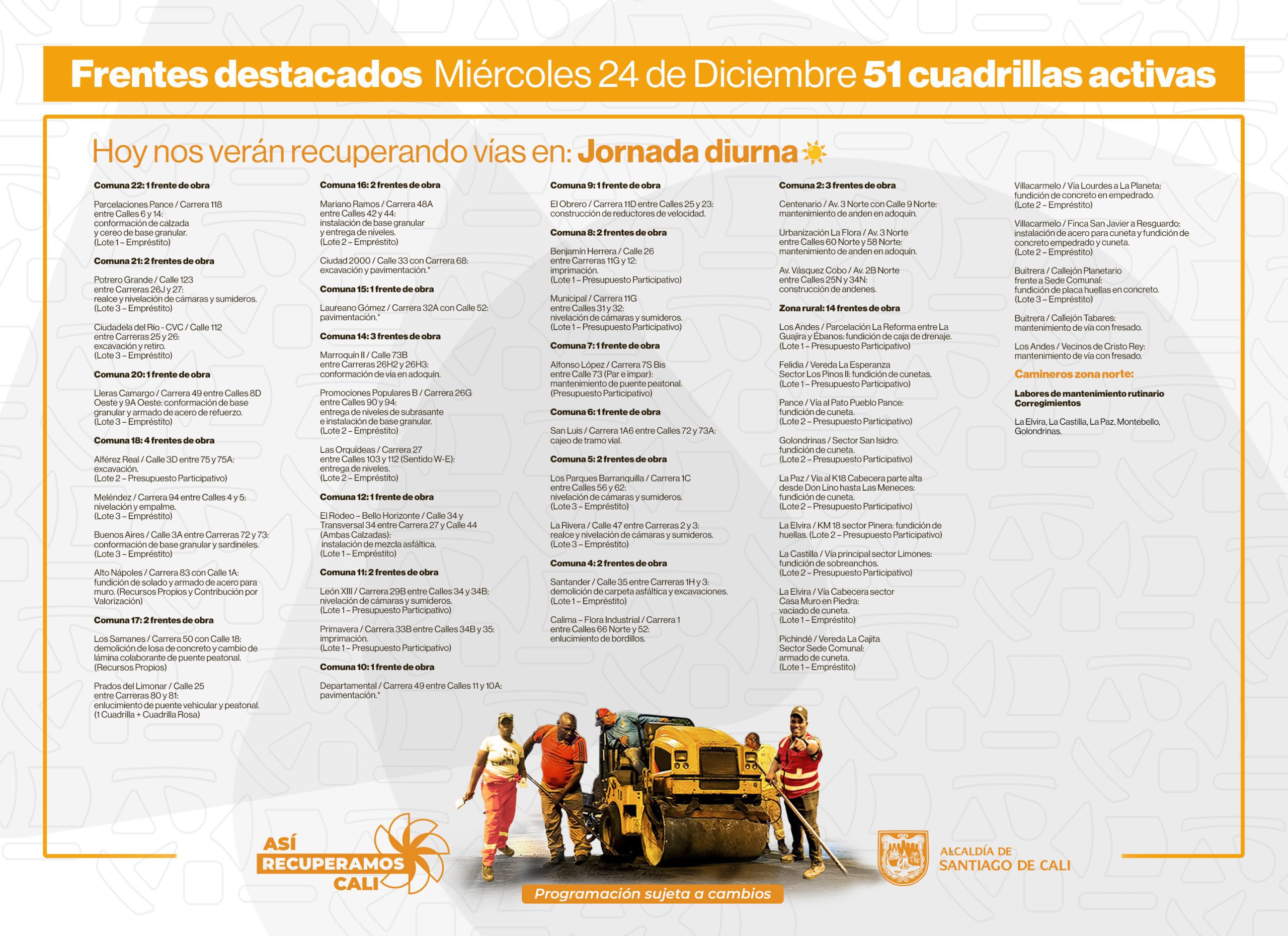 Programación miércoles 24 de diciembre 2025 - Secretaría de Infraestructura - Alcaldía de Santiago de Cali - Infraestructura Para Todos Programación miércoles 24 de diciembre 2025 - Secretaría de Infraestructura - Alcaldía de Santiago de Cali - Infraestructura Para Todos
