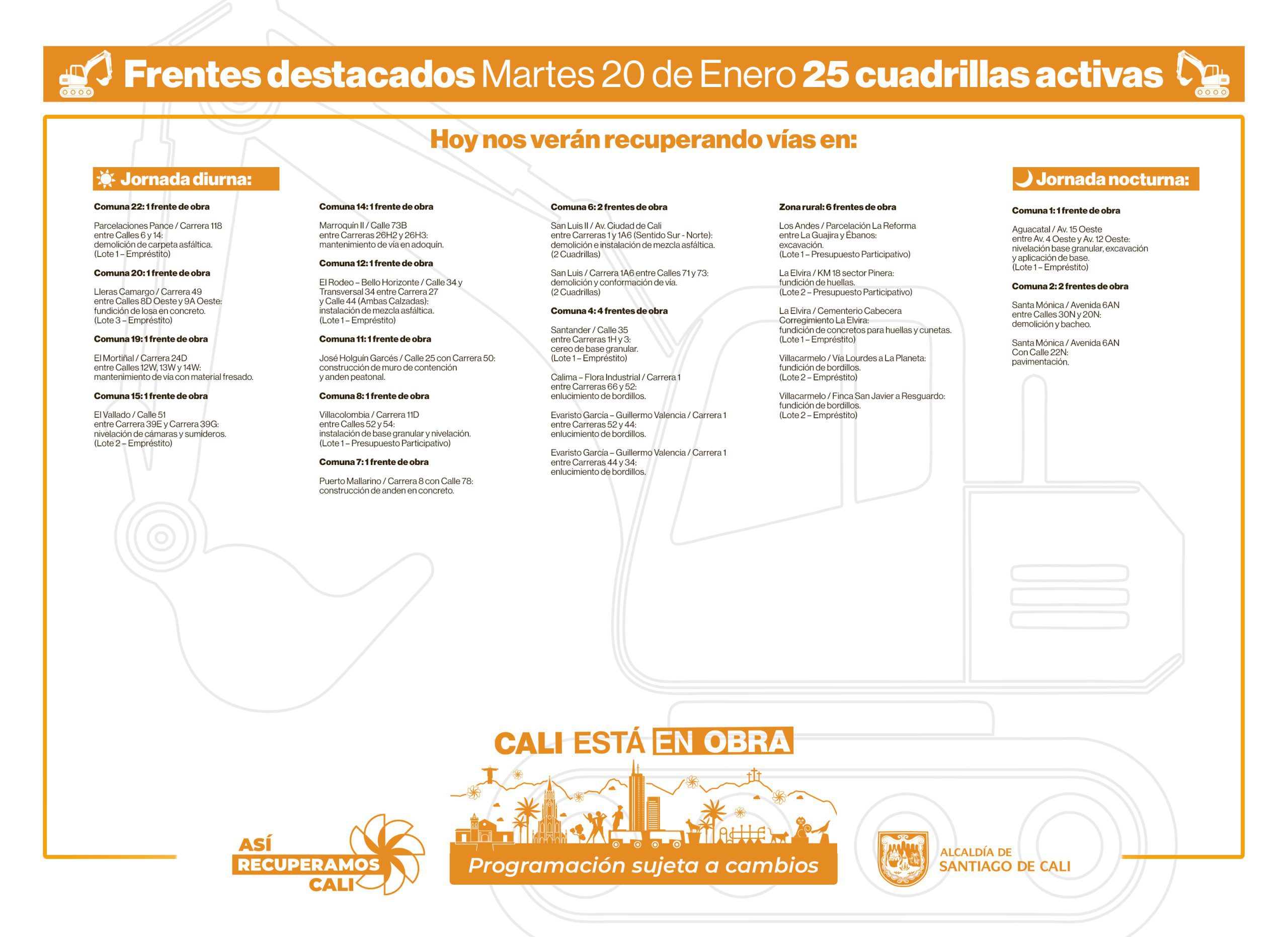 Programación martes 20 de enero 2026 - Secretaría de Infraestructura - Alcaldía de Santiago de Cali - Infraestructura Para Todos Programación martes 20 de enero 2026 - Secretaría de Infraestructura - Alcaldía de Santiago de Cali - Infraestructura Para Todos