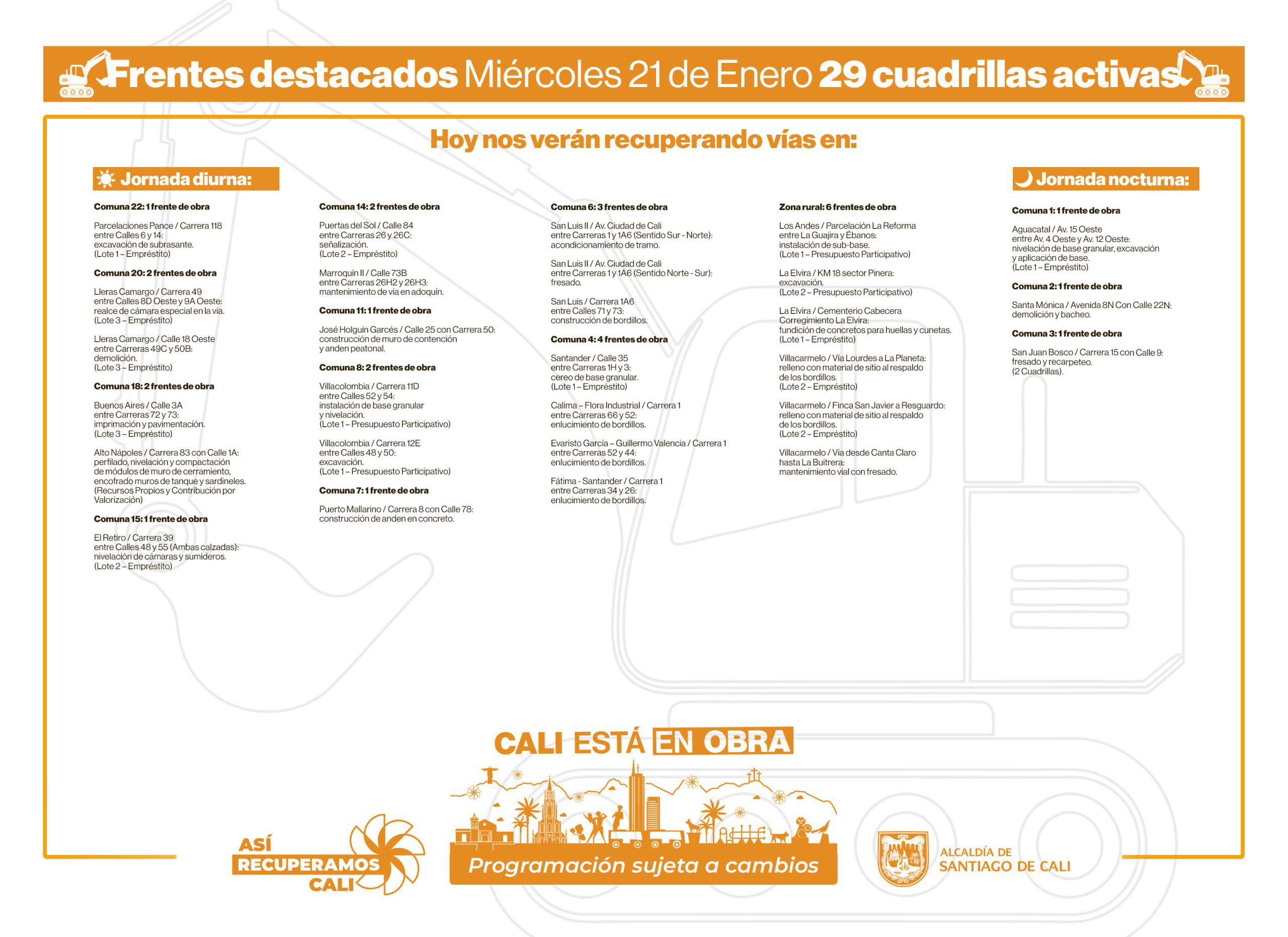 Programación miércoles 21 de enero 2026 - Secretaría de Infraestructura - Alcaldía de Santiago de Cali - Infraestructura Para Todos Programación miércoles 21 de enero 2026 - Secretaría de Infraestructura - Alcaldía de Santiago de Cali - Infraestructura Para Todos