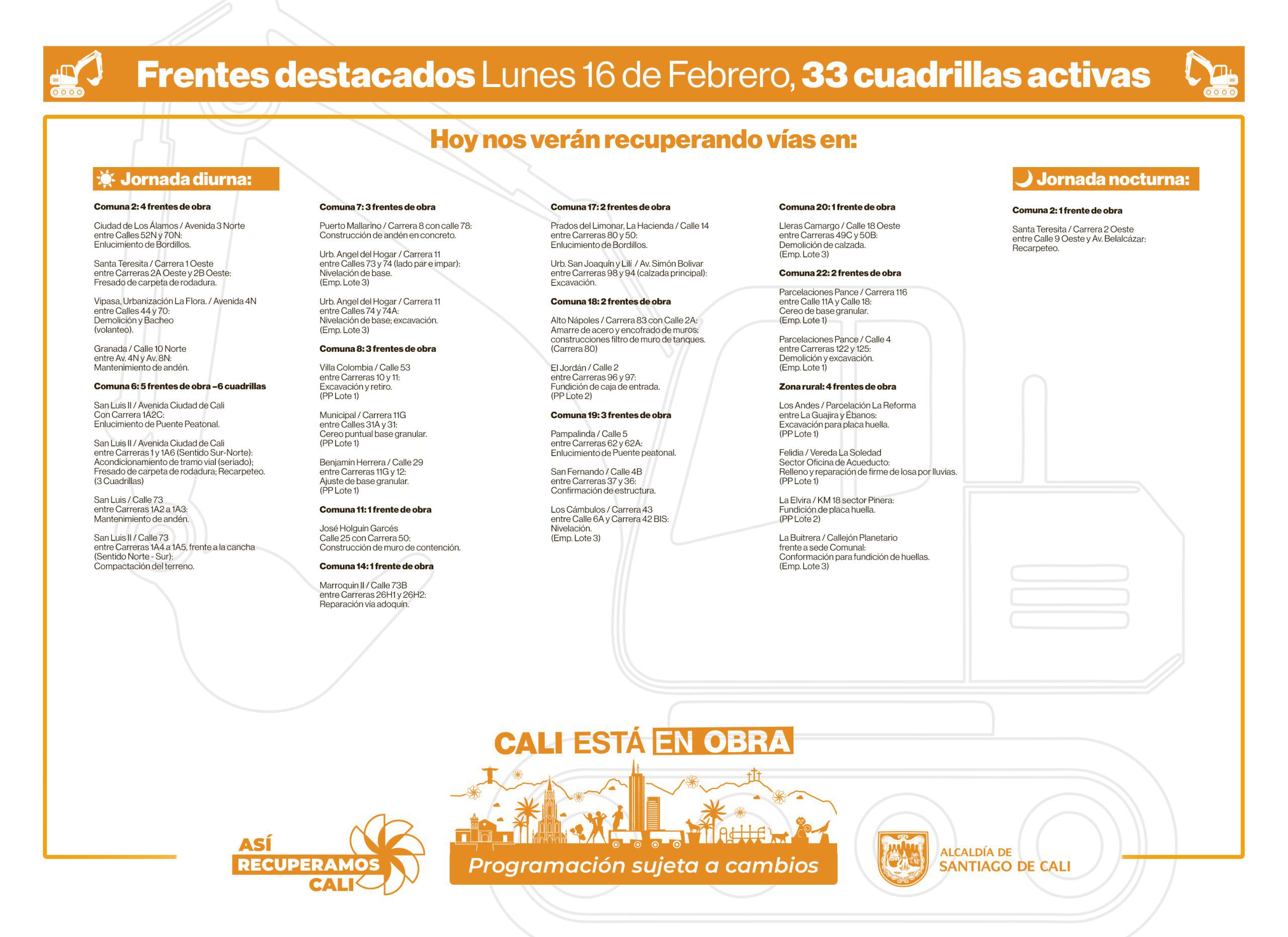 Programación lunes 16 de febrero 2026 - Secretaría de Infraestructura - Alcaldía de Santiago de Cali - Infraestructura Para Todos