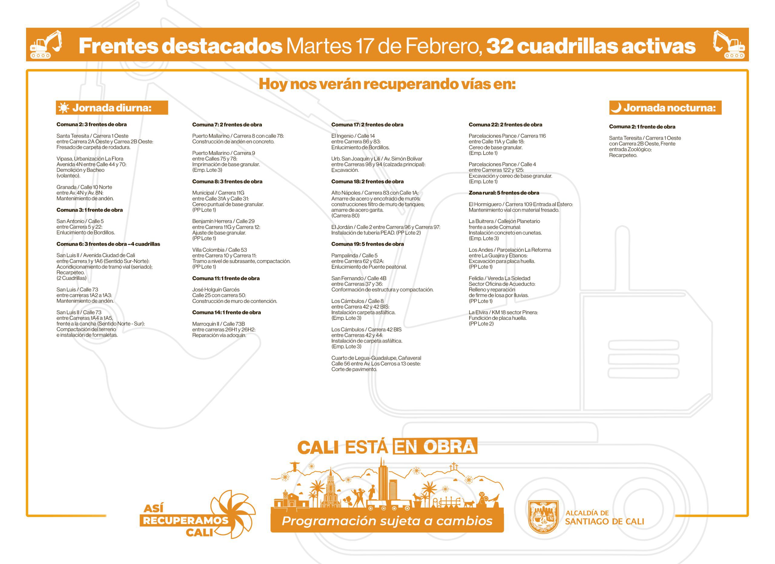Programación martes 17 de febrero 2026 - Secretatría de Infraestructura - Alcaldía de Santiago de Cali - Infraestructura Para Todos