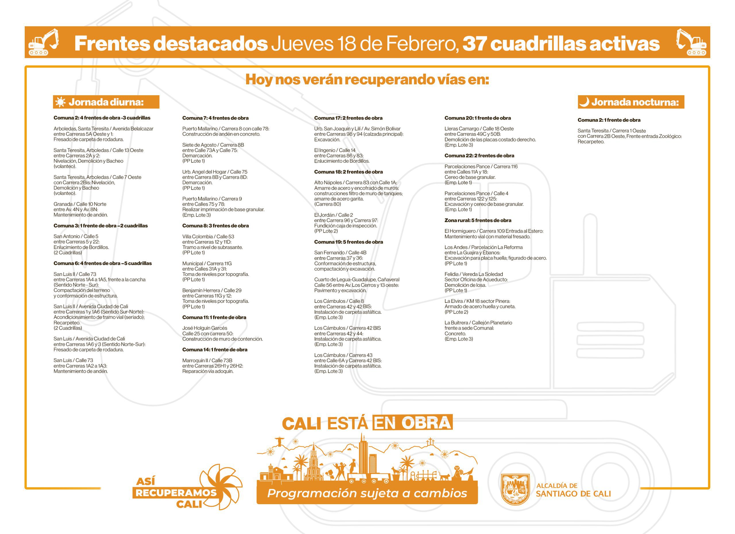 Programación miércoles 18 de febrero 2026 - Secretaría de Infraestructura - Alcaldía de Santiago de Cali - Infraestructura Para Todos