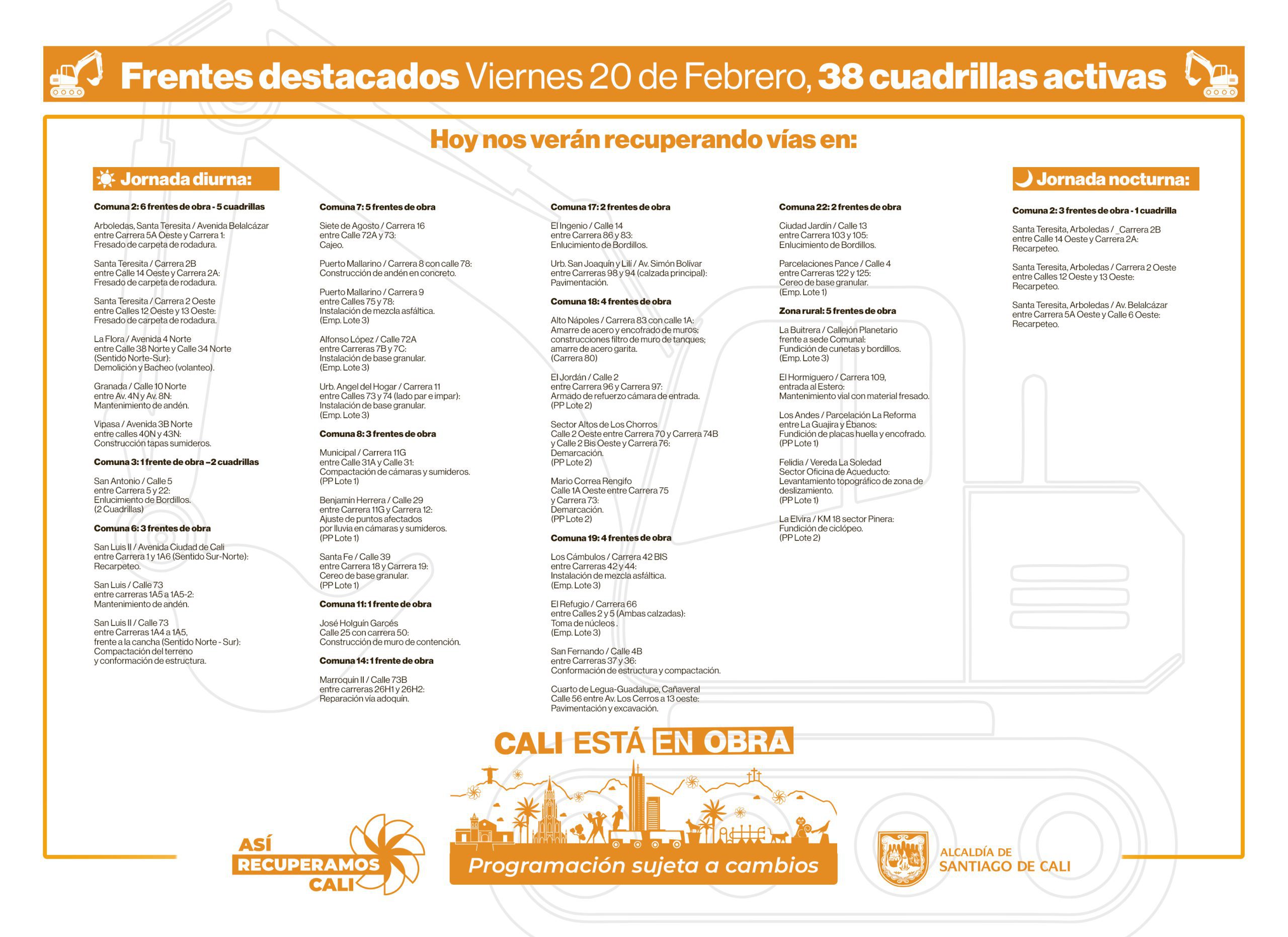 Programación viernes 20 de febrero 2026 - Secretaría de Infraestructura - Alcaldía de Santiago de Cali - Infraestructura Para Todos