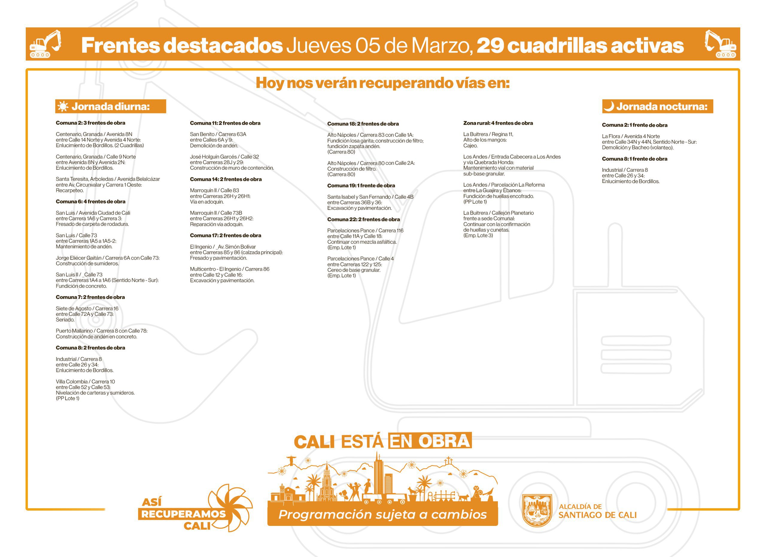 Programación jueves 5 de marzo 2026 - Secretaría de Infraestructura - Alcaldía de Santiago de Cali - Infraestructura Para Todos