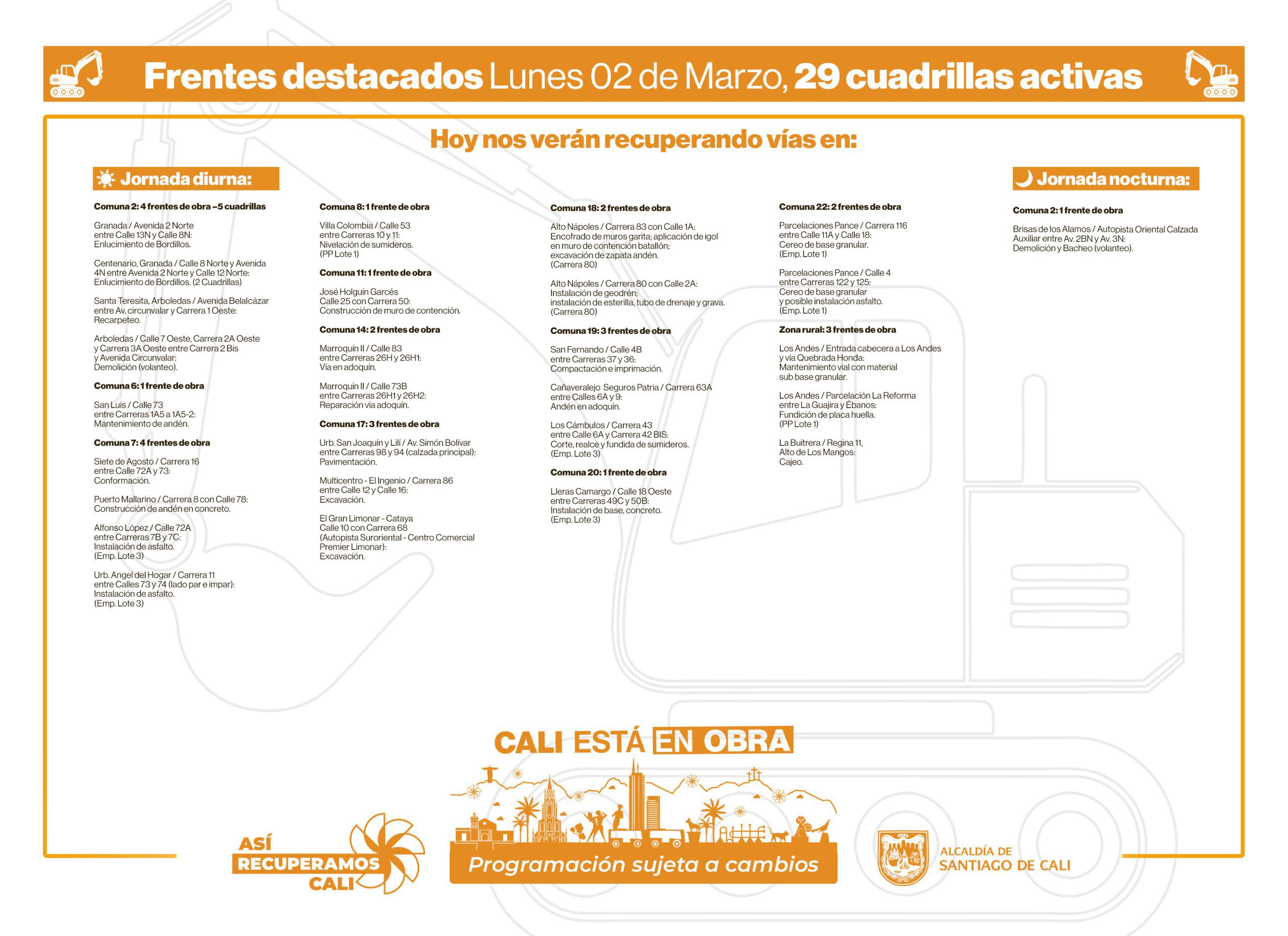 Programación lunes 2 de marzo 2026 - Secretaría de Infraestructura - Alcaldía de Santiago de Cali - Infraestructura Para Todos