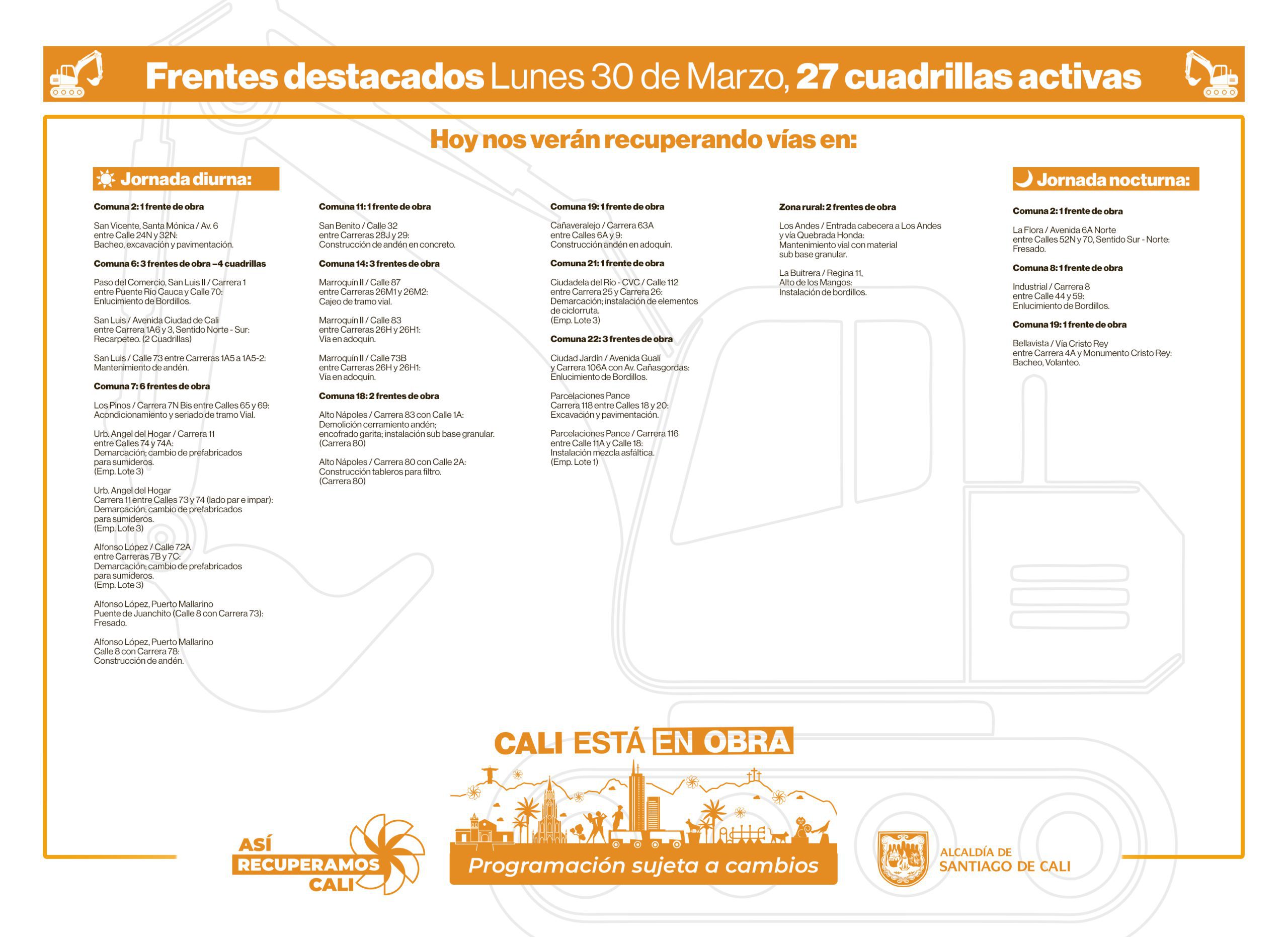 Programación lunes 30 de marzo 2026 - Secretaría de Infraestructura - Alcaldía de Santiago de Cali - Infraestructura Para Todos