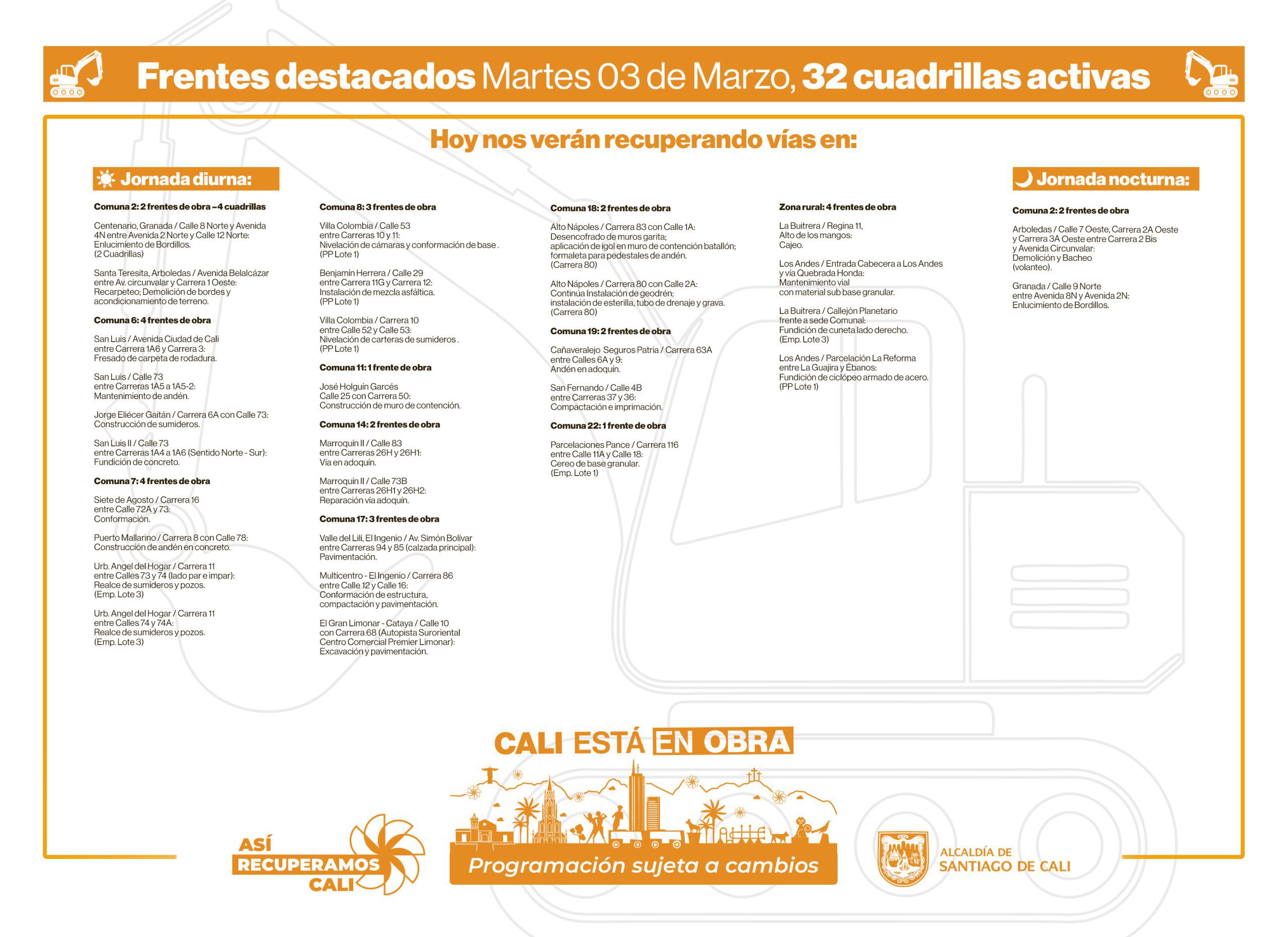 Programación martes 3 de marzo 2026 - Secretaría de Infraestructura - Alcaldía de Santiago de Cali - Infraestructura Para Todos