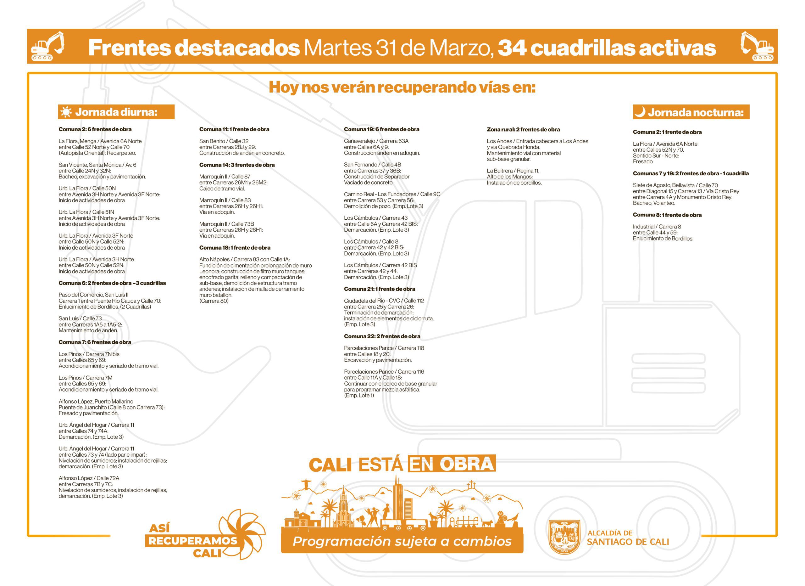 Programación martes 31 de marzo 2026 - Secretaría de Infraestructura - Alcaldía de Santiago de Cali - Infraestructura Para Todos