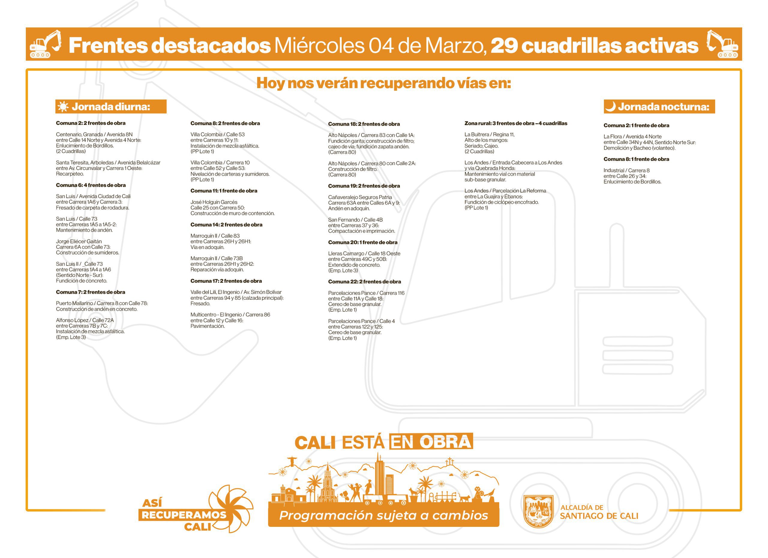 Programación miércoles 4 de marzo 2026 - Secretaría de Infraestructura - Alcaldía de Santiago de Cali - Infraestructura Para Todos