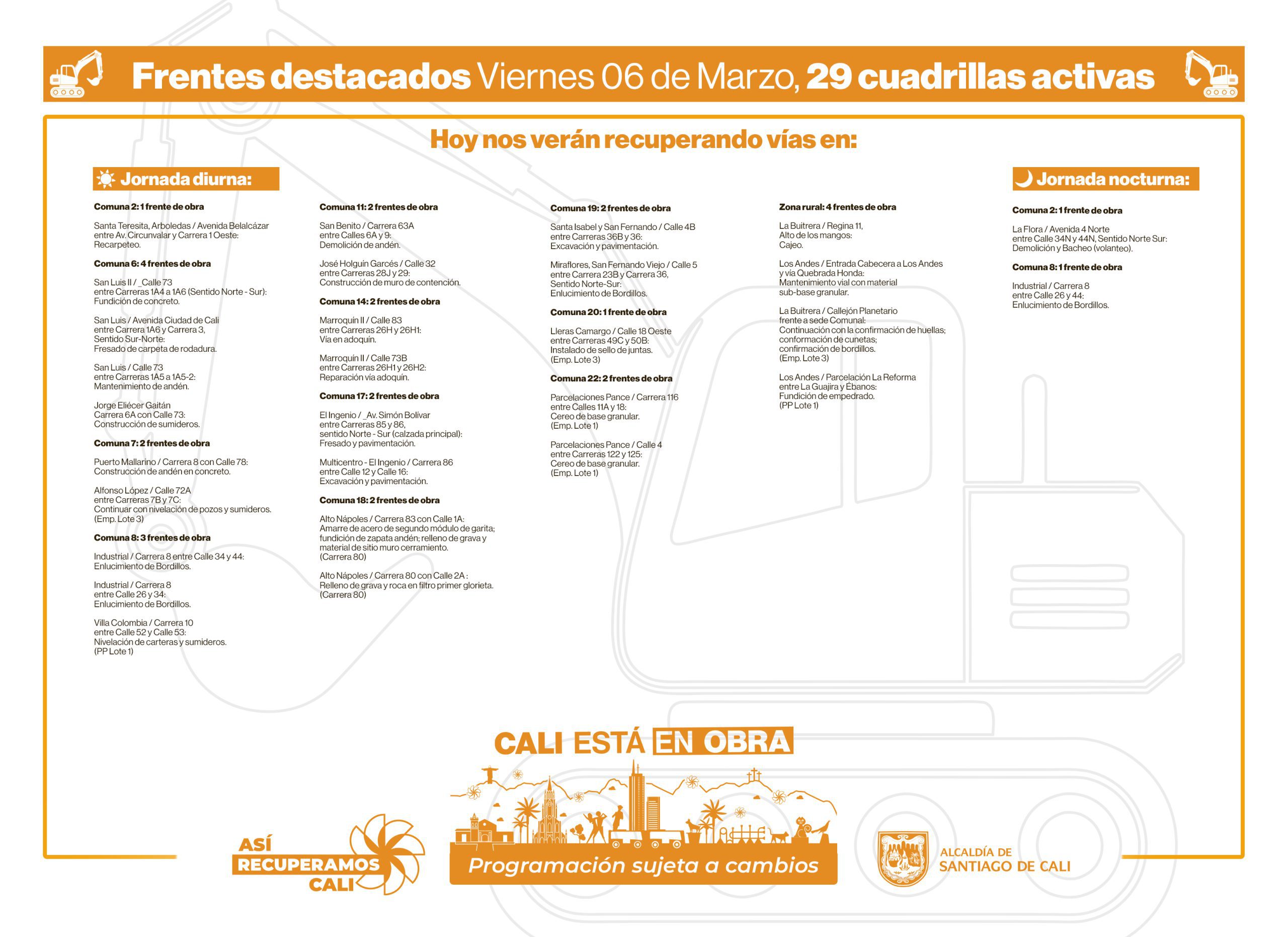 Programación viernes 6 de marzo 2026 - Secretaría de Infraestructura - Alcaldía de Santiago de Cali - Infraestructura Para Todos