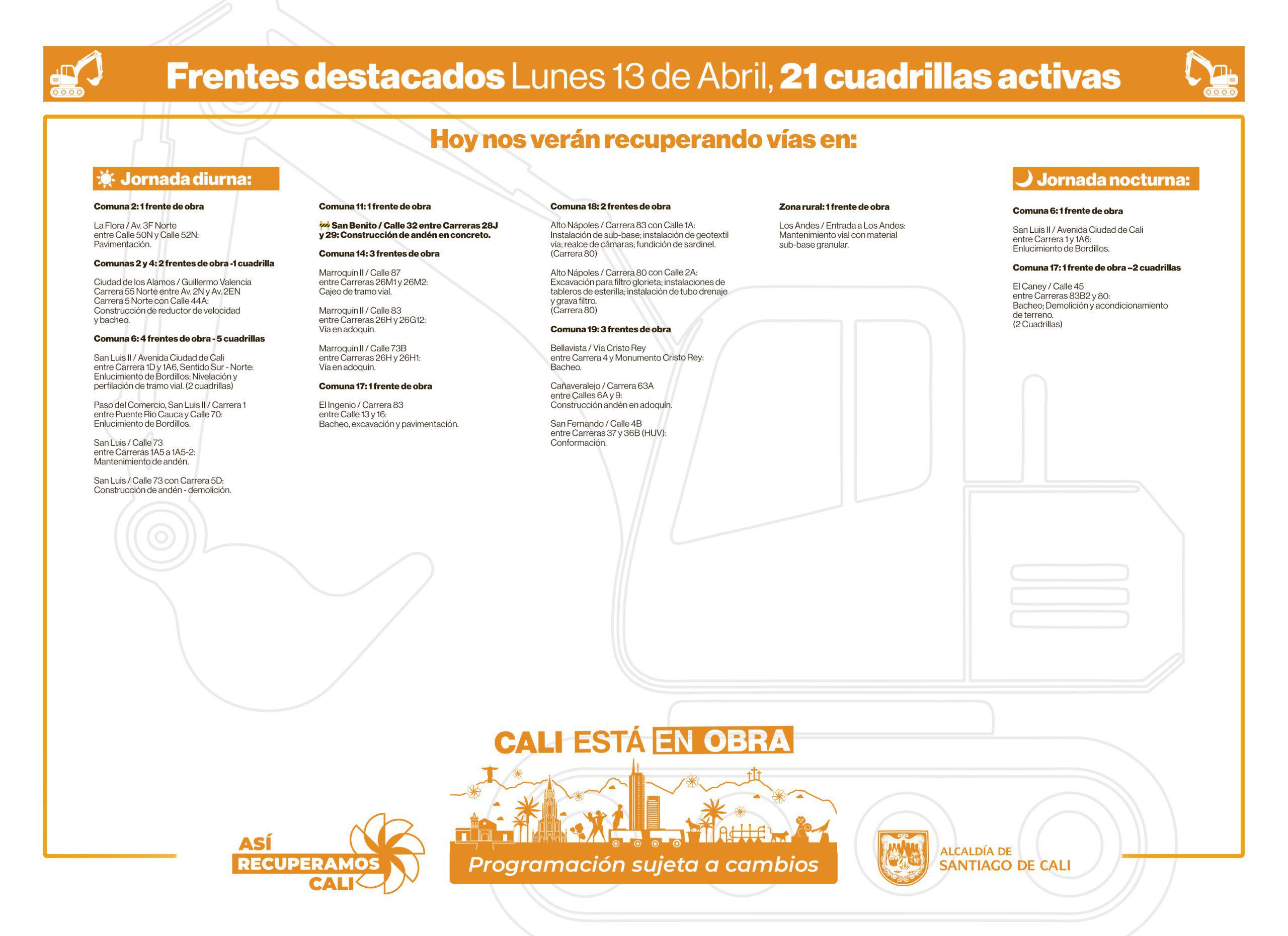 Programación lunes 13 de abril 2026 - Secretaría de Infraestructura - Alcaldía de Santiago de Cali - Infraestructura Para Todos