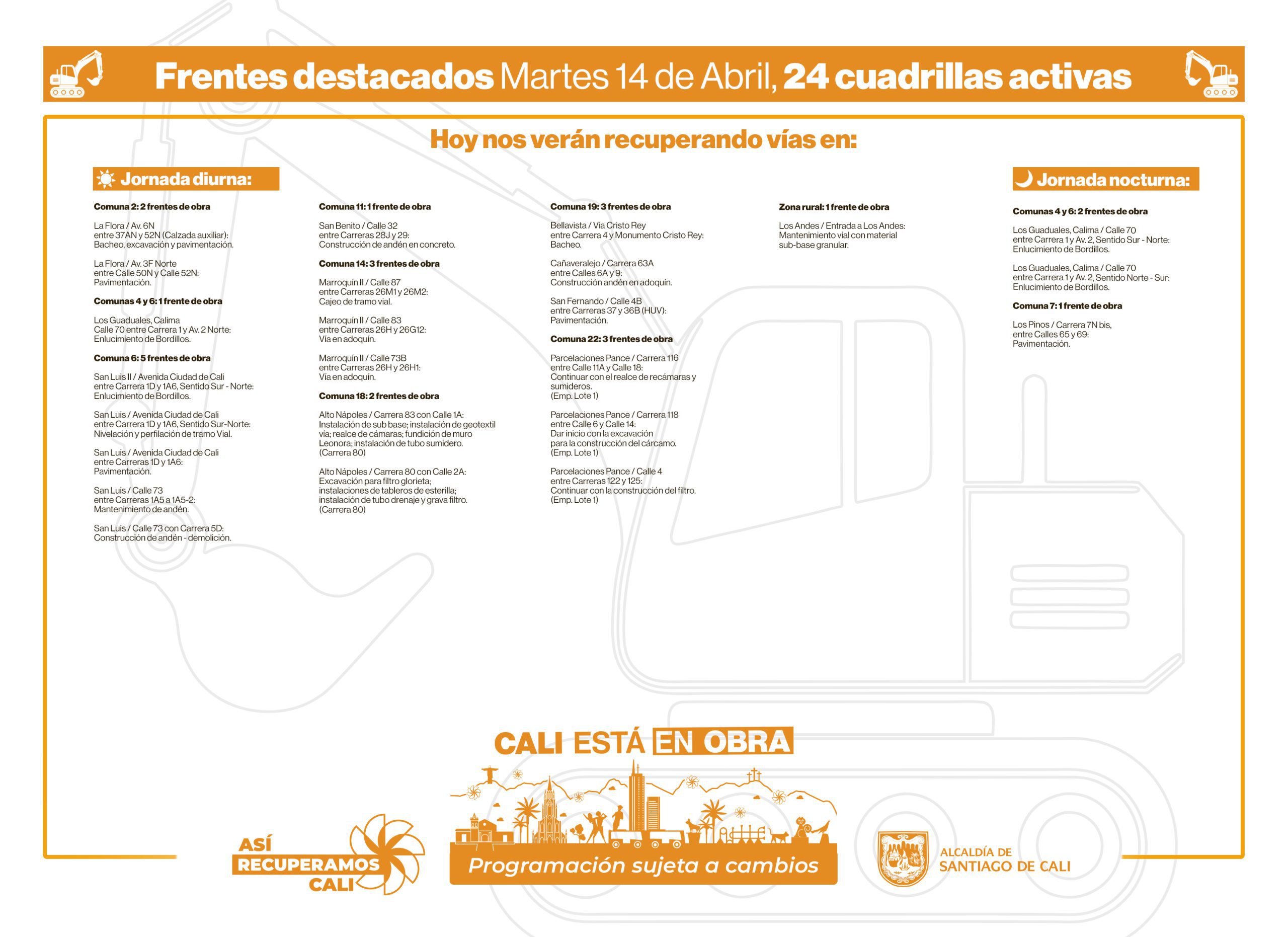 Programación martes 14 de abril 2026 - Secretaría de Infraestructura - Alcaldía de Santiago de Cali - Infraestructura Para Todos